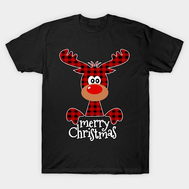 Buffalo Plaid Reindeer Merry Christmas Deer Lover Xmas Gift T-Shirt by Plana